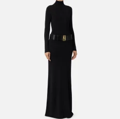 Elisabetta Franchi Red Carpet Dresses|Knitted Dresses|Red carpet dress in shiny viscose fabric with belt Black