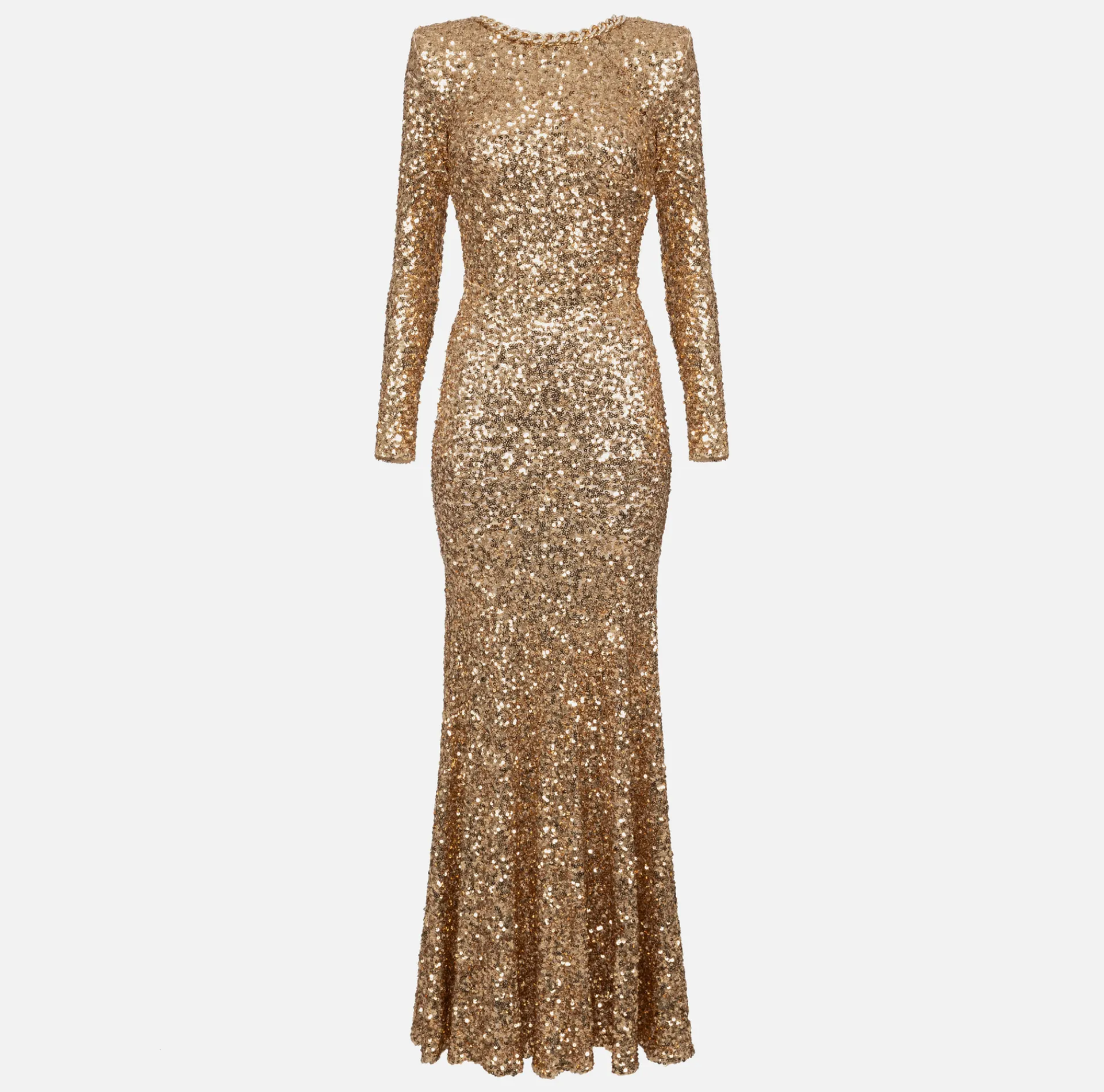 Elisabetta Franchi Red Carpet Dresses|Red Carpet|Red carpet sequin dress with chain and rhinestones Gold