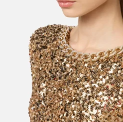 Elisabetta Franchi Red Carpet Dresses|Red Carpet|Red carpet sequin dress with chain and rhinestones Gold