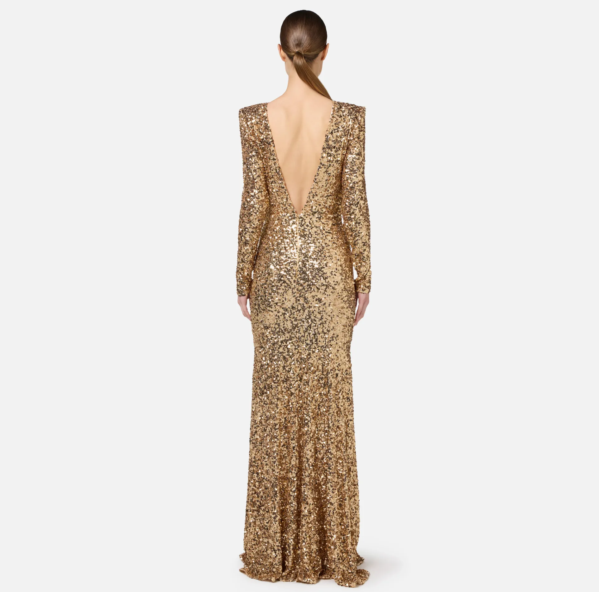 Elisabetta Franchi Red Carpet Dresses|Red Carpet|Red carpet sequin dress with chain and rhinestones Gold