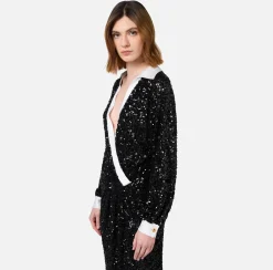 Elisabetta Franchi Red Carpet|Red Carpet Dresses|Red carpet sequin dress with satin inserts Black/Ivory
