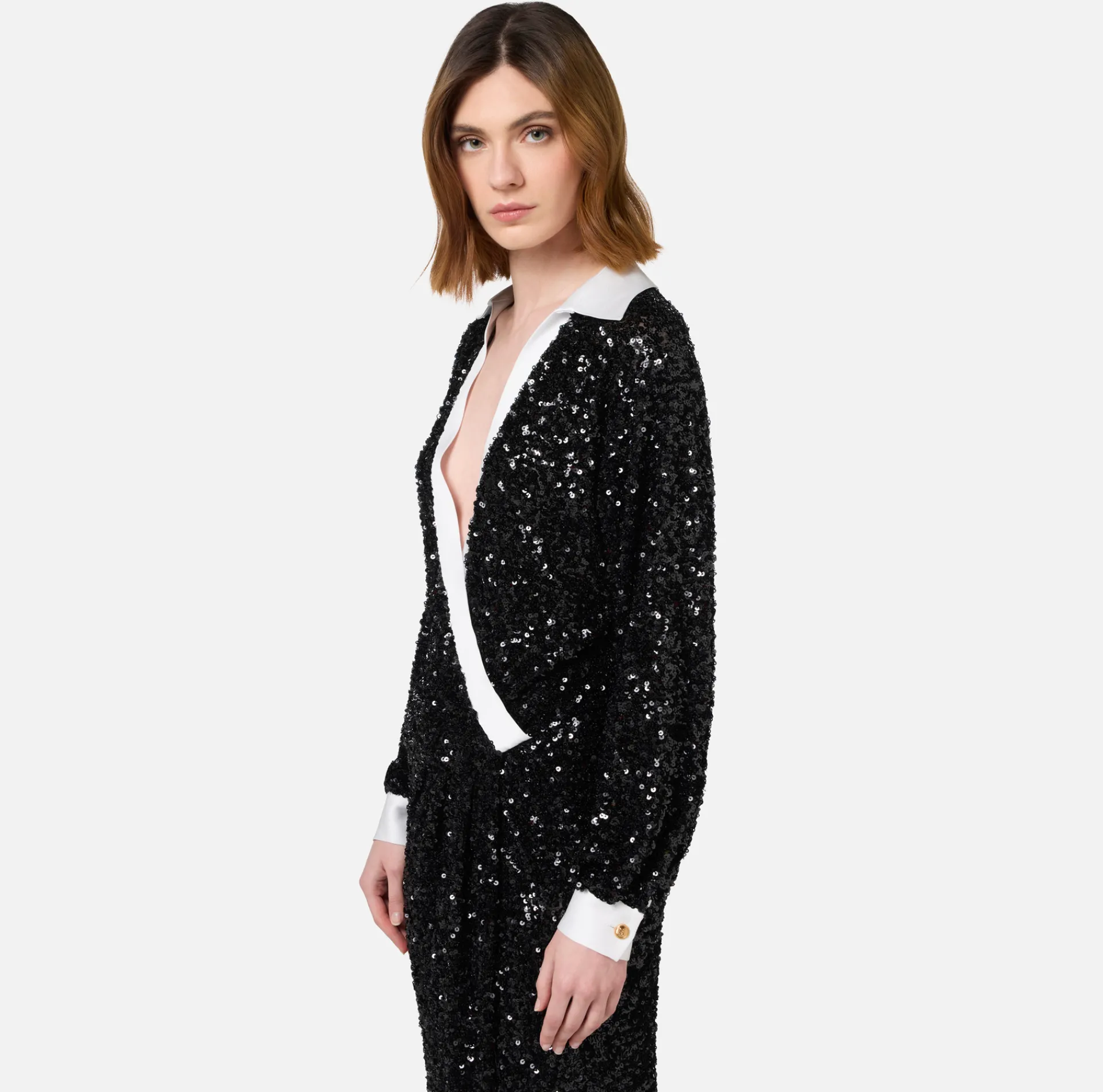 Elisabetta Franchi Red Carpet|Red Carpet Dresses|Red carpet sequin dress with satin inserts Black/Ivory