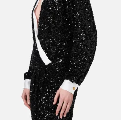 Elisabetta Franchi Red Carpet|Red Carpet Dresses|Red carpet sequin dress with satin inserts Black/Ivory