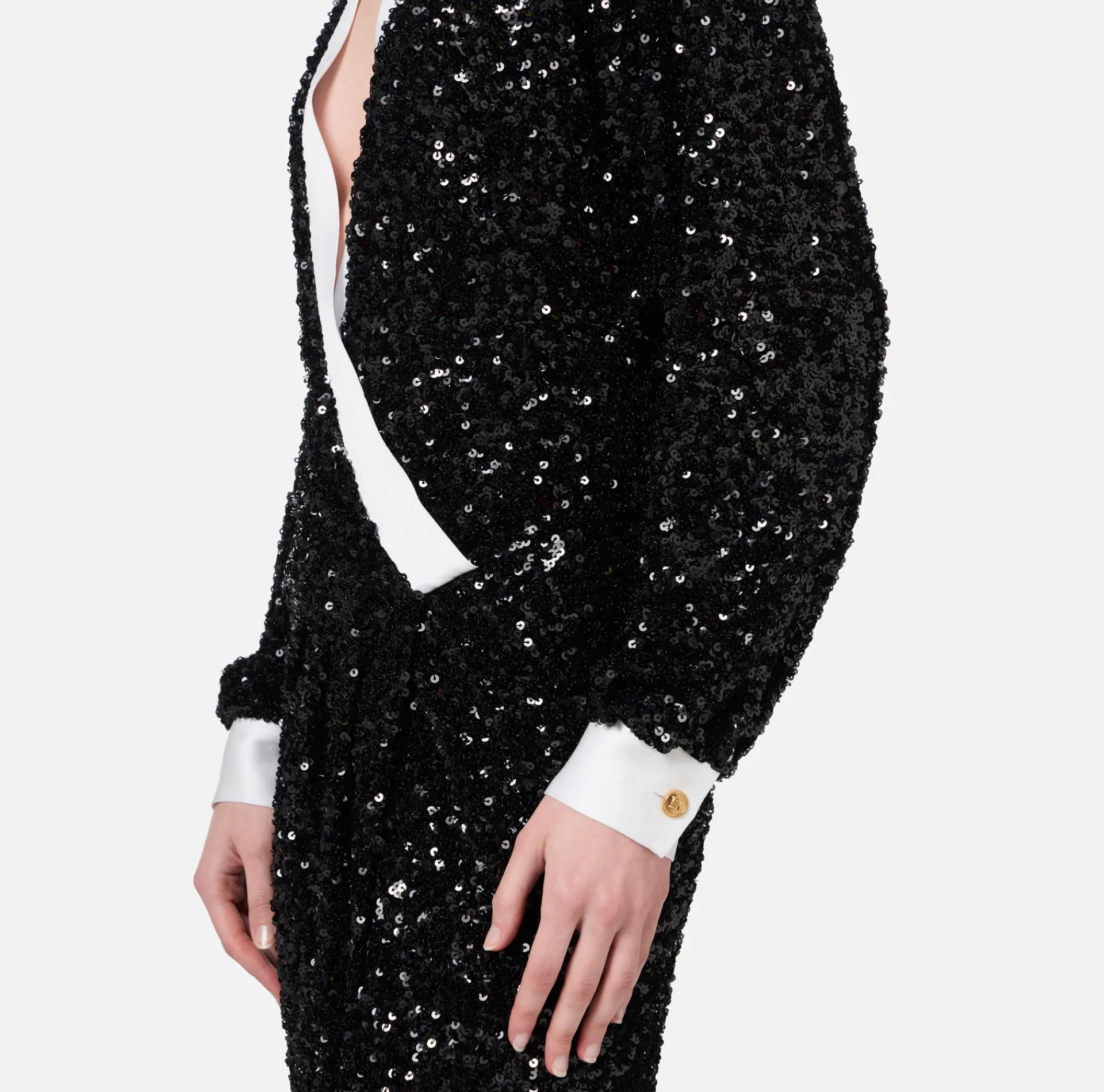 Elisabetta Franchi Red Carpet|Red Carpet Dresses|Red carpet sequin dress with satin inserts Black/Ivory
