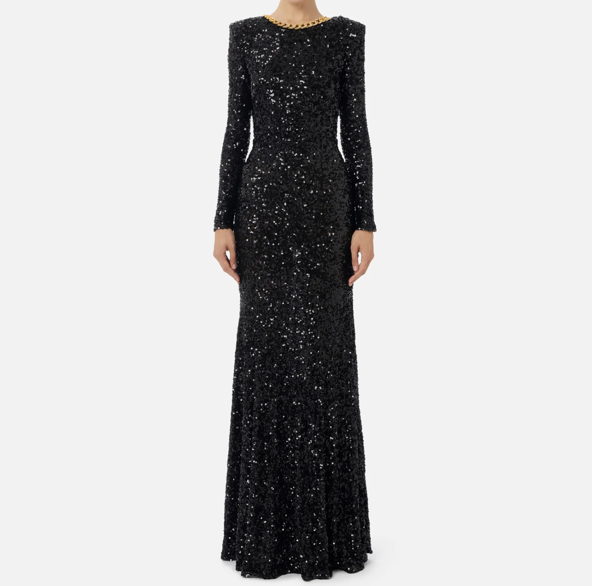 Elisabetta Franchi Red Carpet Dresses|Red Carpet|Red carpet sequin dress with chain and rhinestones Black