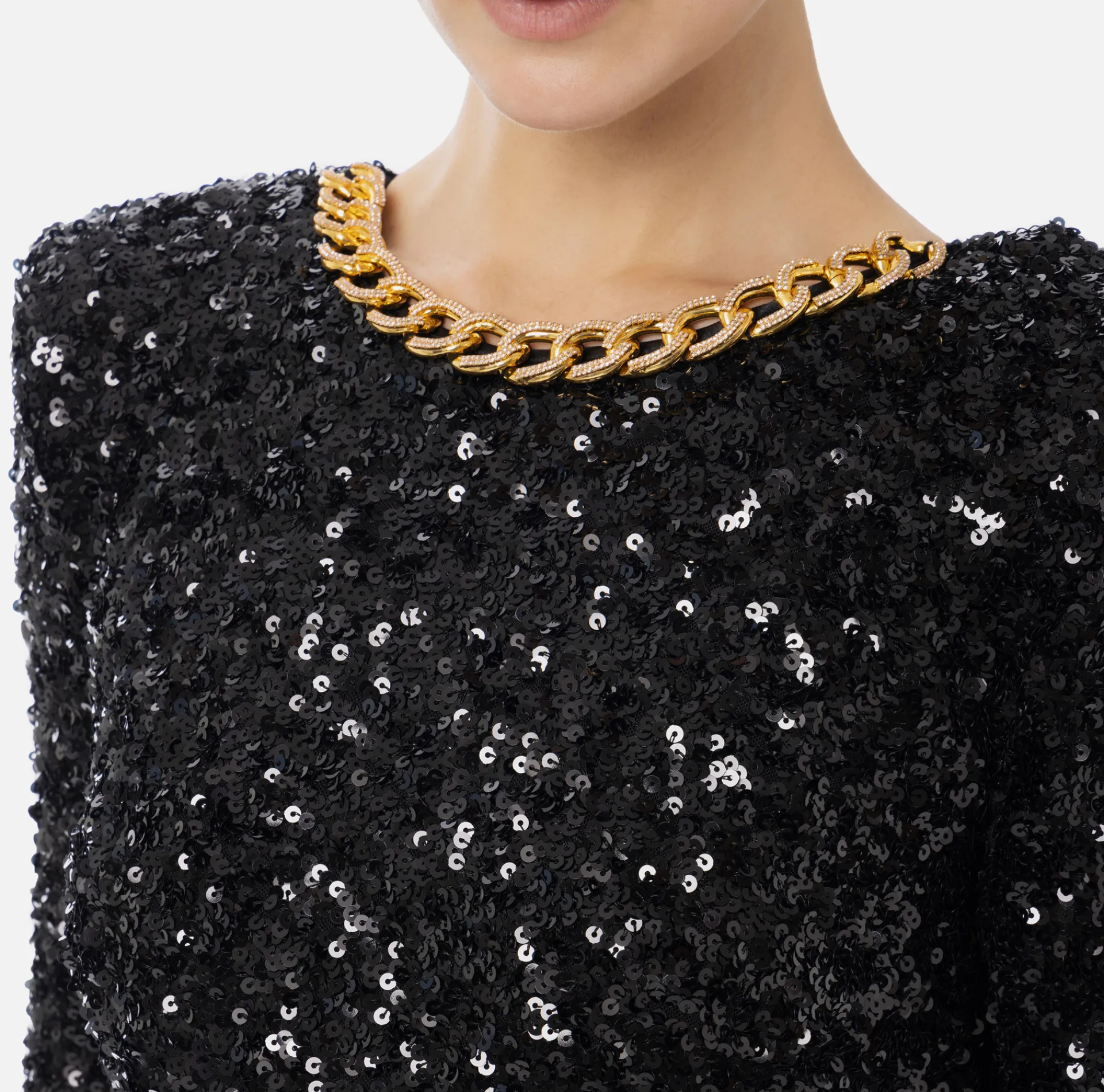 Elisabetta Franchi Red Carpet Dresses|Red Carpet|Red carpet sequin dress with chain and rhinestones Black