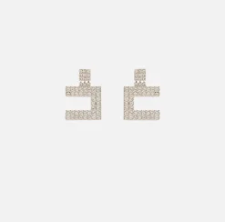 Elisabetta Franchi Jewelry|Rhinestone earrings with logo Silver/Crystal