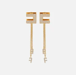 Elisabetta Franchi Jewelry|Rhinestone logo earrings with pendants YellowGold