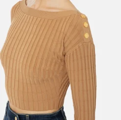 Elisabetta Franchi Knitwear And Sweatshirts|Ribbed viscose cropped top with button placket Camel