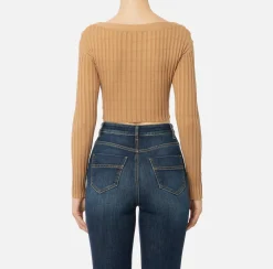 Elisabetta Franchi Knitwear And Sweatshirts|Ribbed viscose cropped top with button placket Camel
