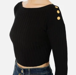 Elisabetta Franchi Knitwear And Sweatshirts|Ribbed viscose cropped top with button placket Black
