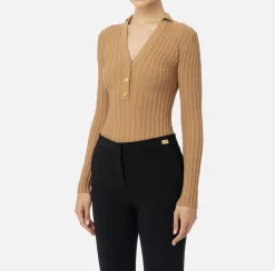 Elisabetta Franchi Knitwear And Sweatshirts|Ribbed viscose top with button placket Camel