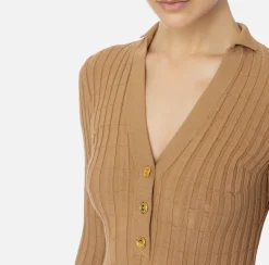 Elisabetta Franchi Knitwear And Sweatshirts|Ribbed viscose top with button placket Camel