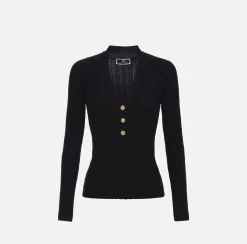 Elisabetta Franchi Knitwear And Sweatshirts|Ribbed viscose top with button placket Black