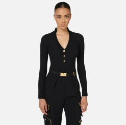 Elisabetta Franchi Knitwear And Sweatshirts|Ribbed viscose top with button placket Black