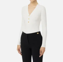 Elisabetta Franchi Knitwear And Sweatshirts|Ribbed viscose top with button placket Ivory