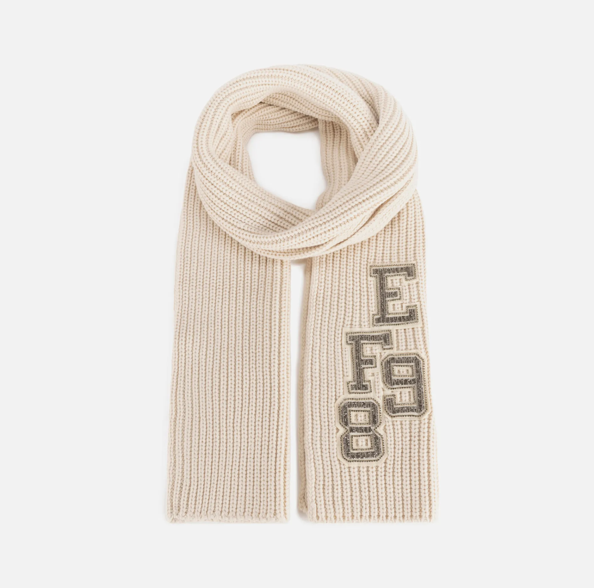 Elisabetta Franchi Scarves|Ribbed wool scarf with college-style patch Butter