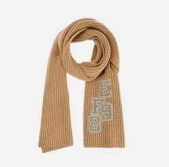 Elisabetta Franchi Scarves|Ribbed wool scarf with college-style patch Camel