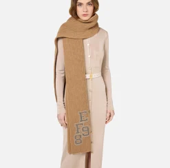 Elisabetta Franchi Scarves|Ribbed wool scarf with college-style patch Camel