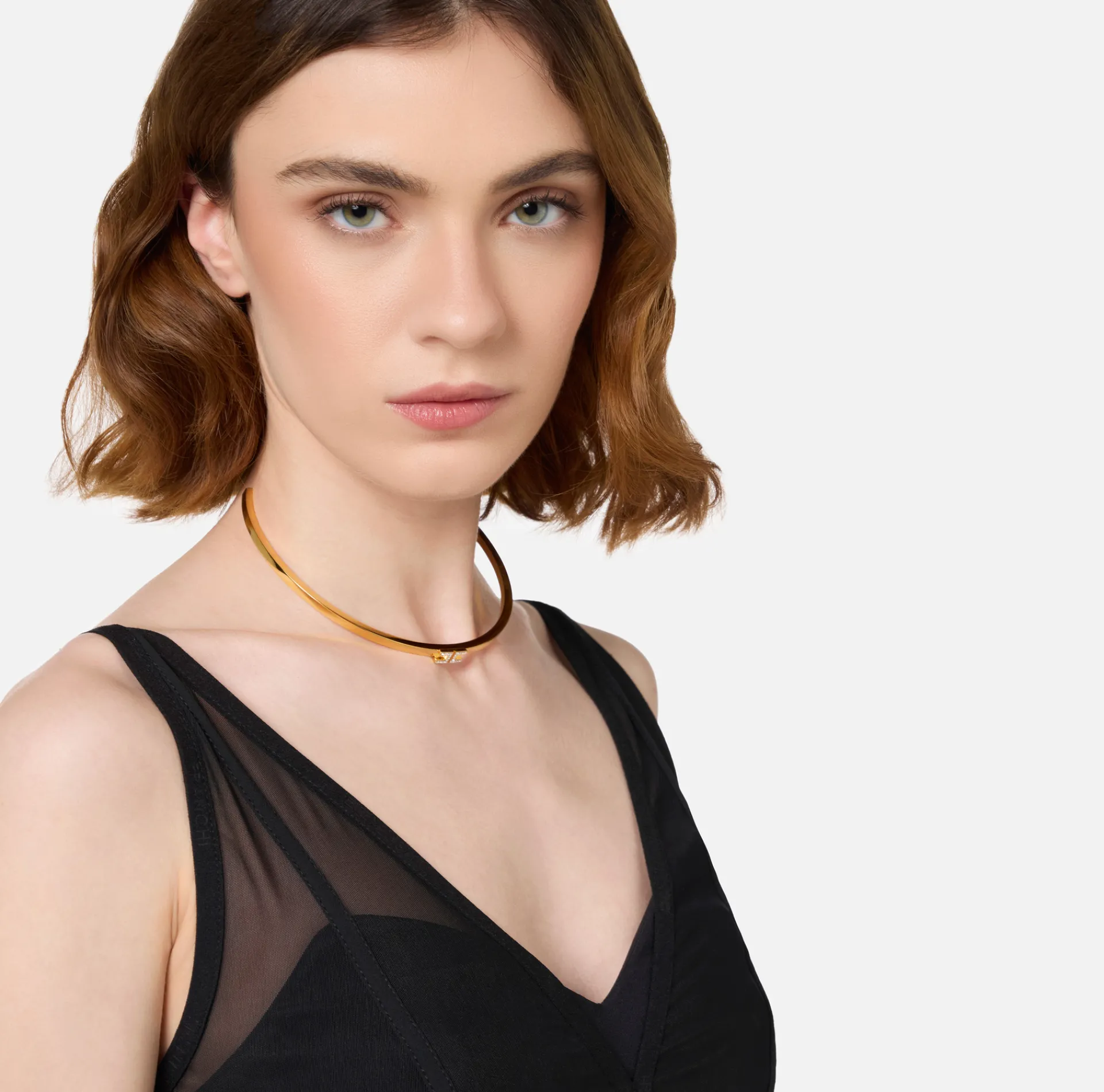 Elisabetta Franchi Jewelry|Rigid chocker with rhinestone logo YellowGold