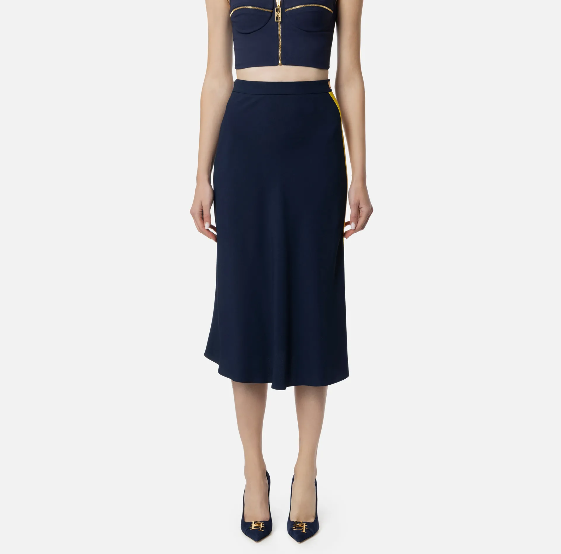 Elisabetta Franchi Skirts|Satin crêpe midi skirt with bands Navy/Mimosa/Butter