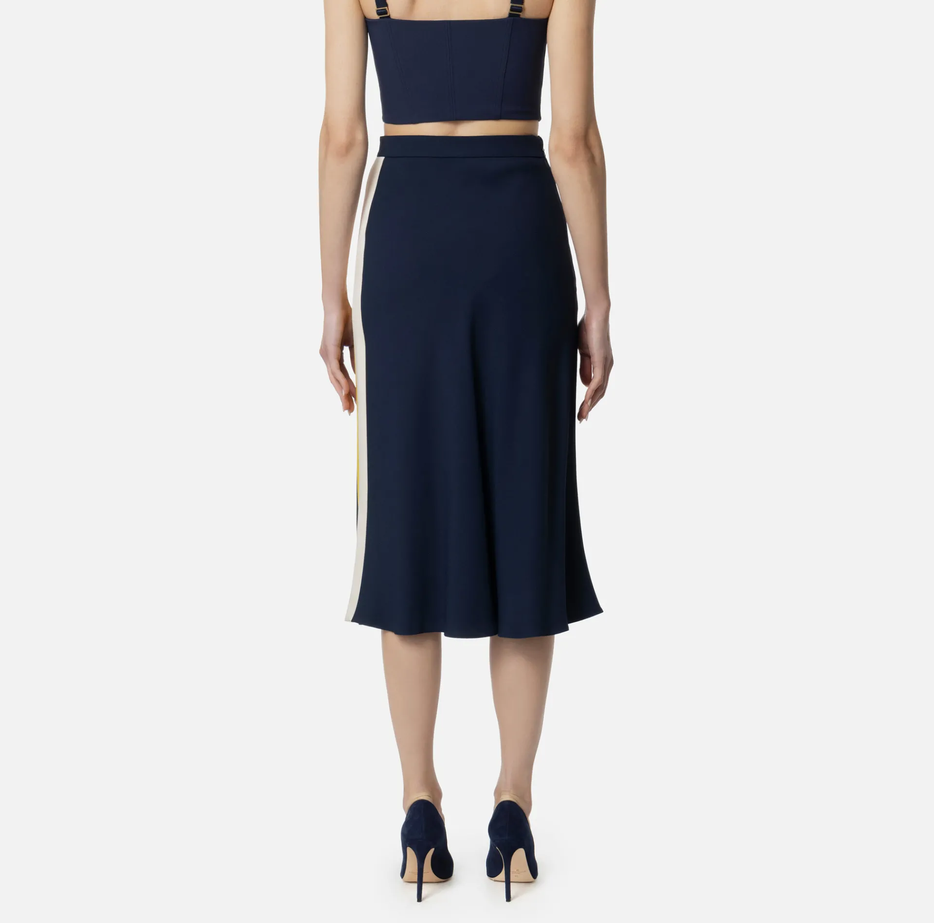 Elisabetta Franchi Skirts|Satin crêpe midi skirt with bands Navy/Mimosa/Butter