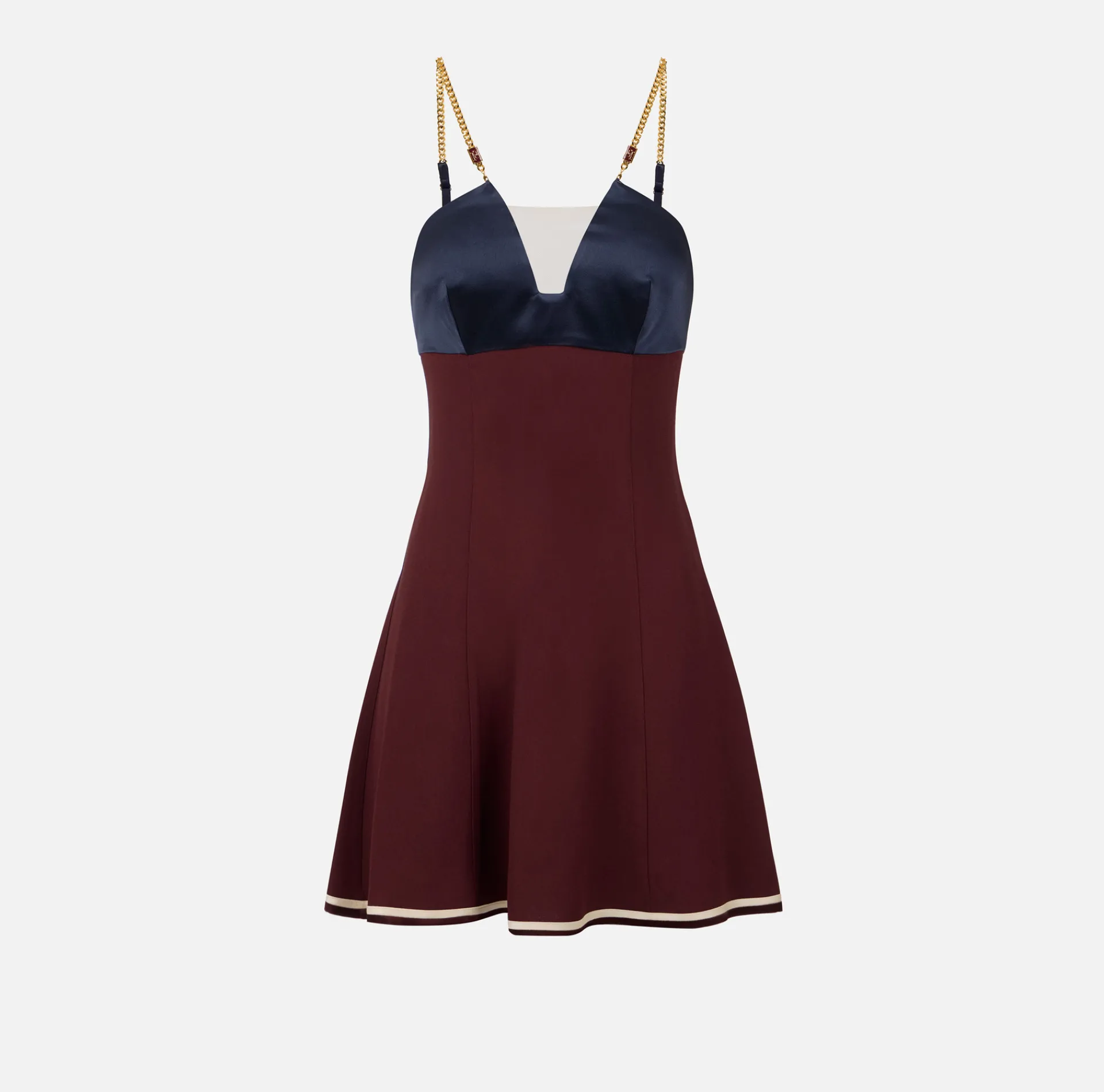 Elisabetta Franchi Mini Dresses|Dresses|Satin mini-dress with groumette chain Navy/RougeNoir/Butter
