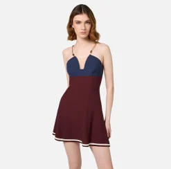 Elisabetta Franchi Mini Dresses|Dresses|Satin mini-dress with groumette chain Navy/RougeNoir/Butter