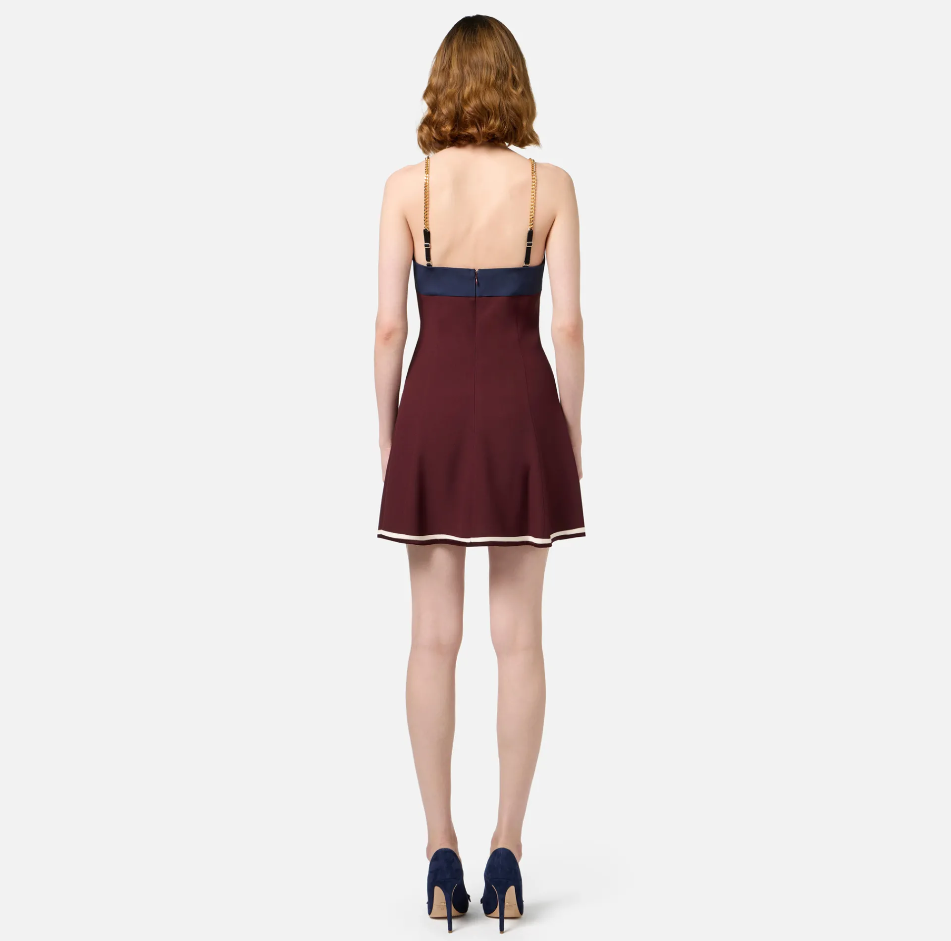 Elisabetta Franchi Mini Dresses|Dresses|Satin mini-dress with groumette chain Navy/RougeNoir/Butter