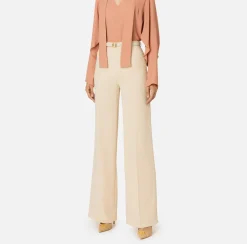 Elisabetta Franchi Trousers And Shorts|Satin palazzo trousers with belt Cream