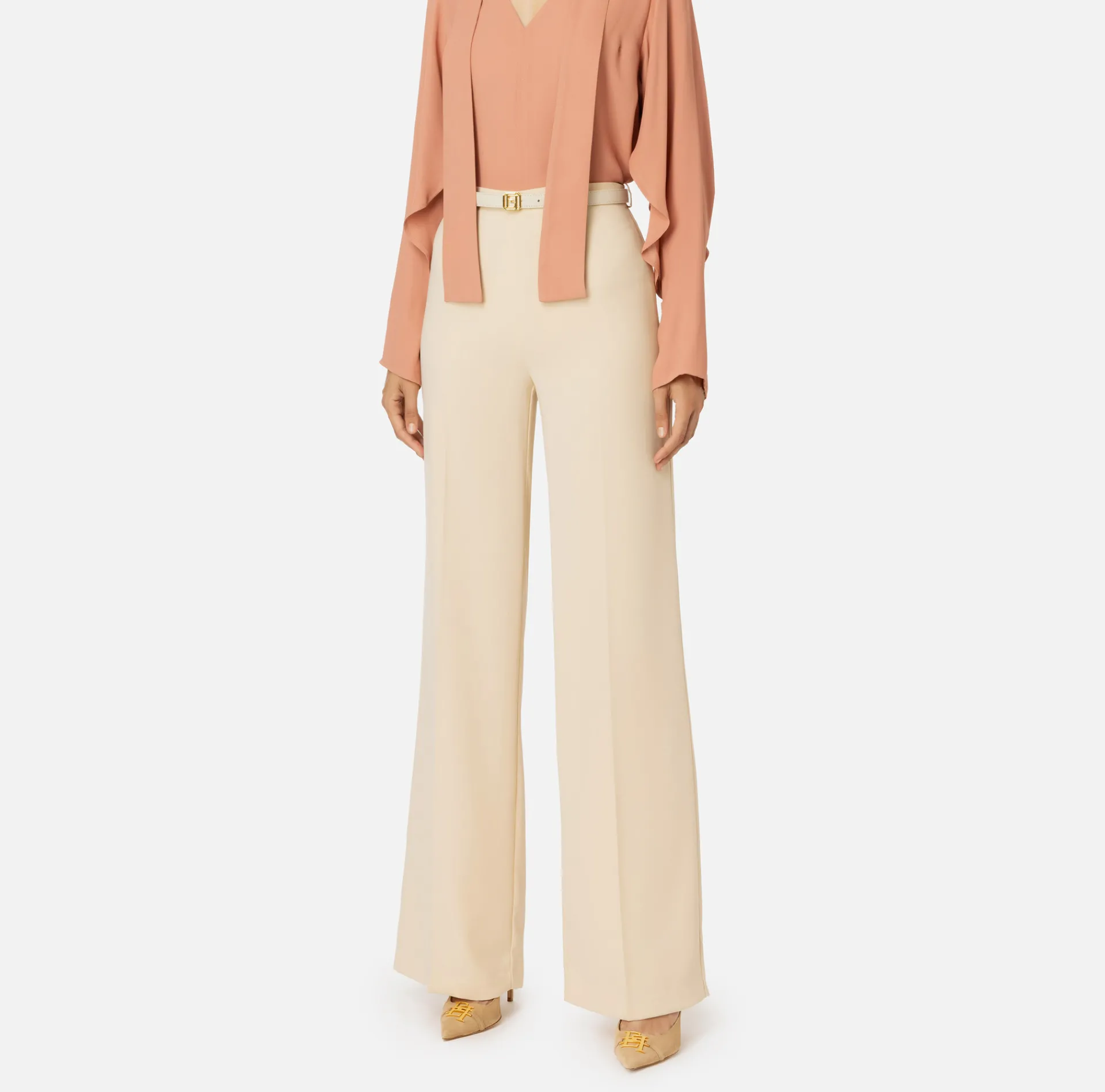 Elisabetta Franchi Trousers And Shorts|Satin palazzo trousers with belt Cream