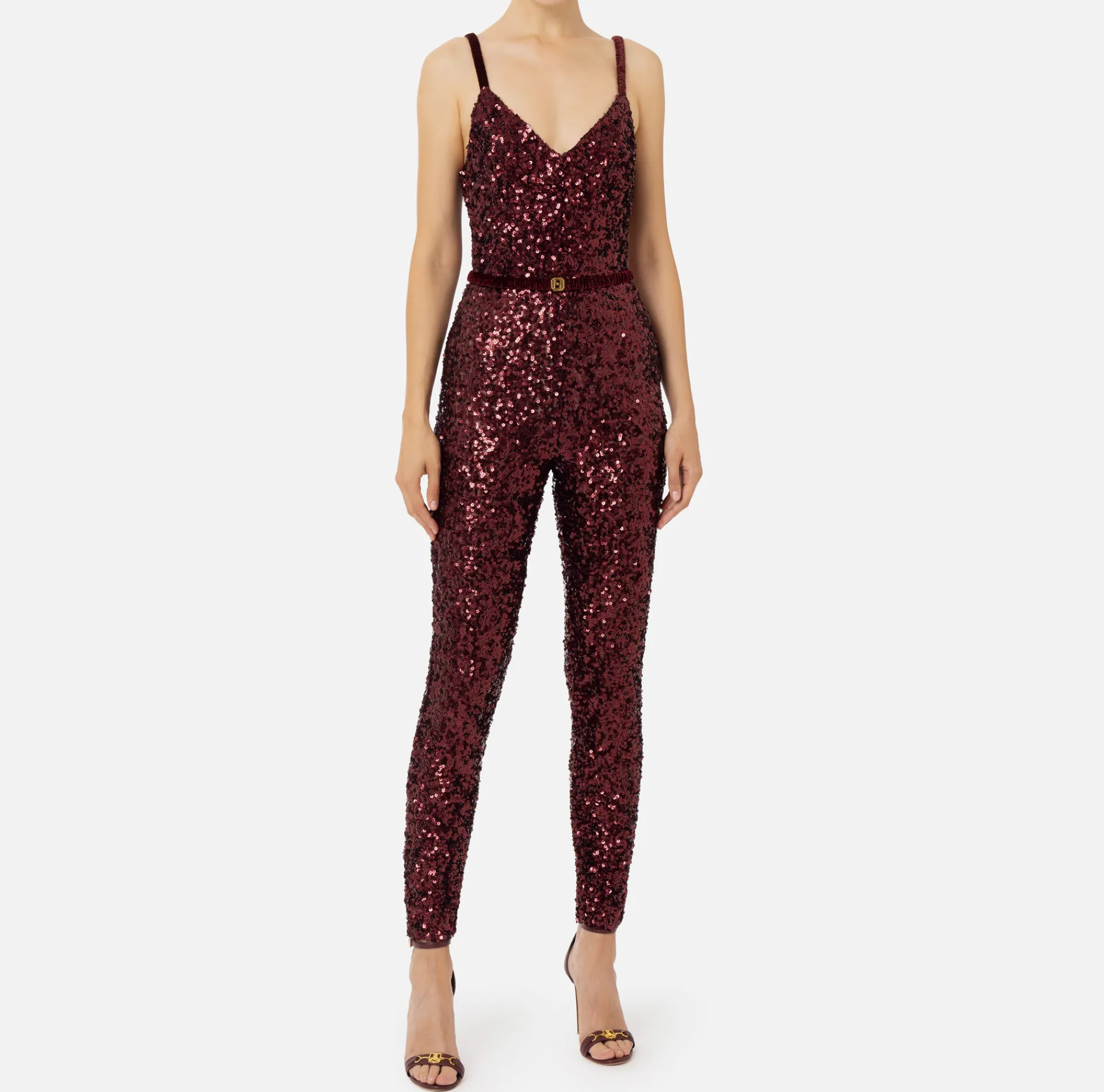 Elisabetta Franchi Jumpsuits|Sequin jumpsuit with belt RougeNoir