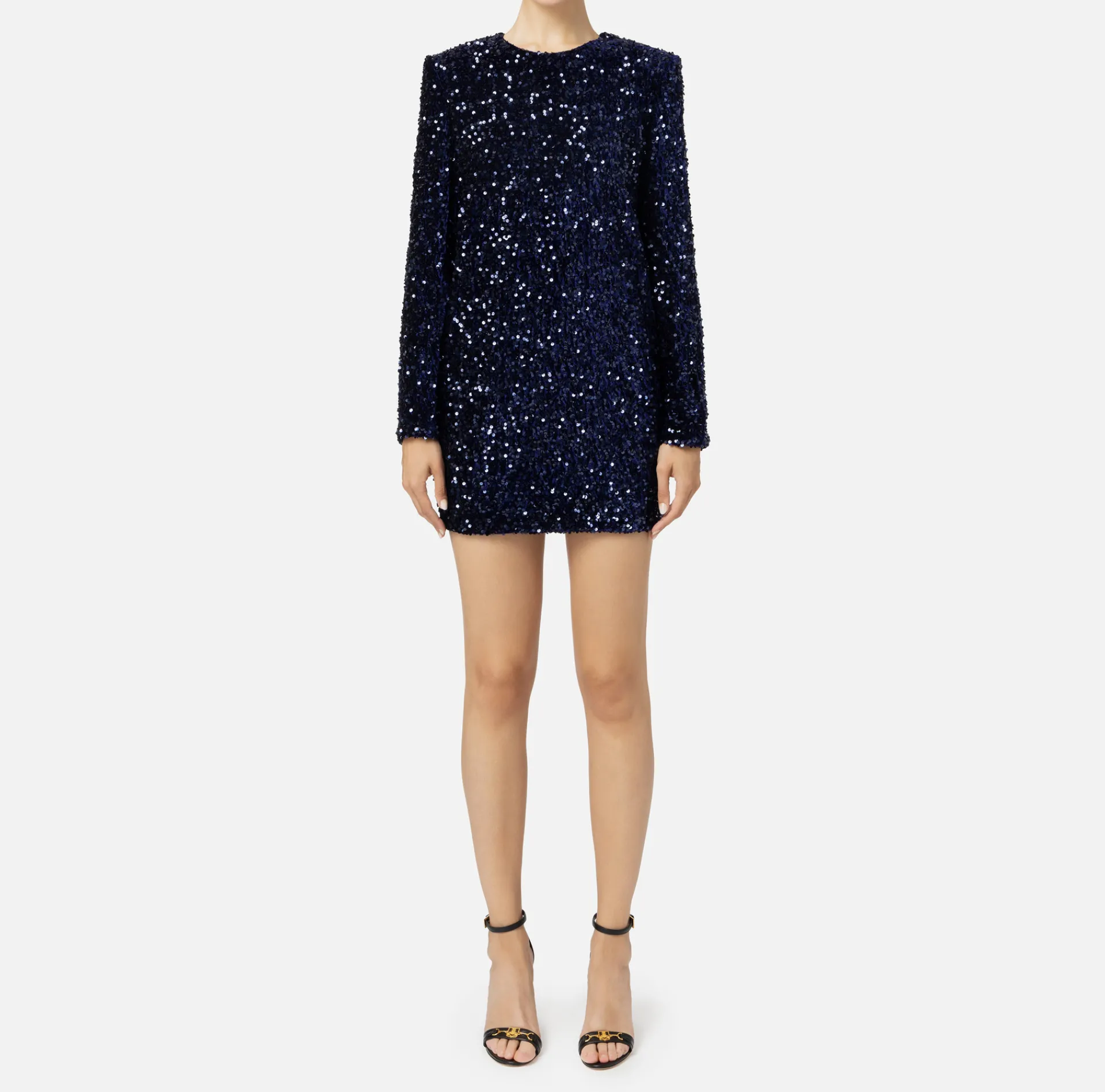 Elisabetta Franchi Red Carpet Dresses|Mini Dresses|Sequin-embroidered chenille boxy mini-dress Navy