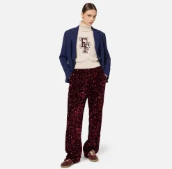 Elisabetta Franchi Trousers And Shorts|Tailleur|Sequin-embroidered chenille trousers RougeNoir