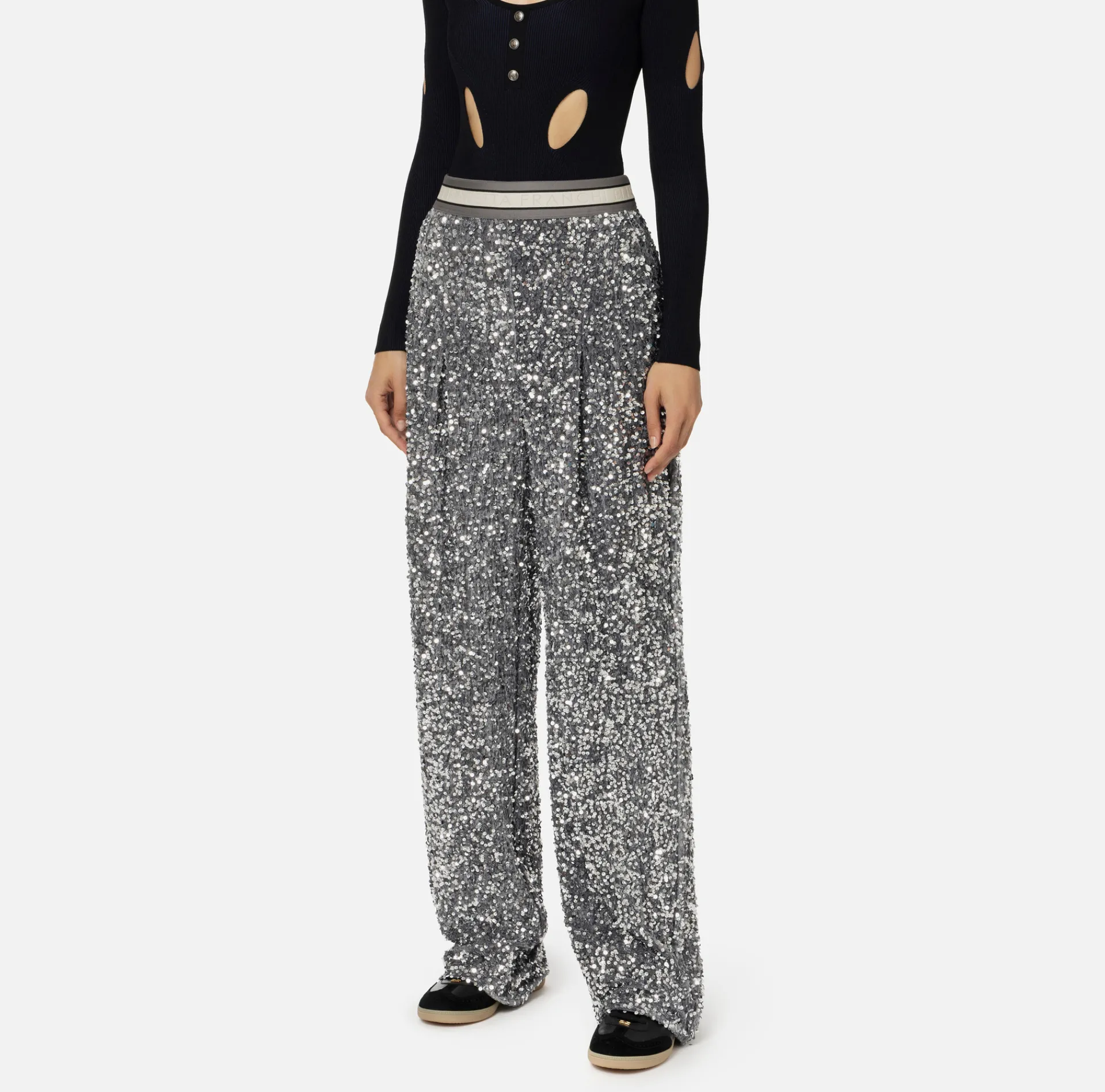 Elisabetta Franchi Trousers And Shorts|Tailleur|Sequin-embroidered chenille trousers Steel