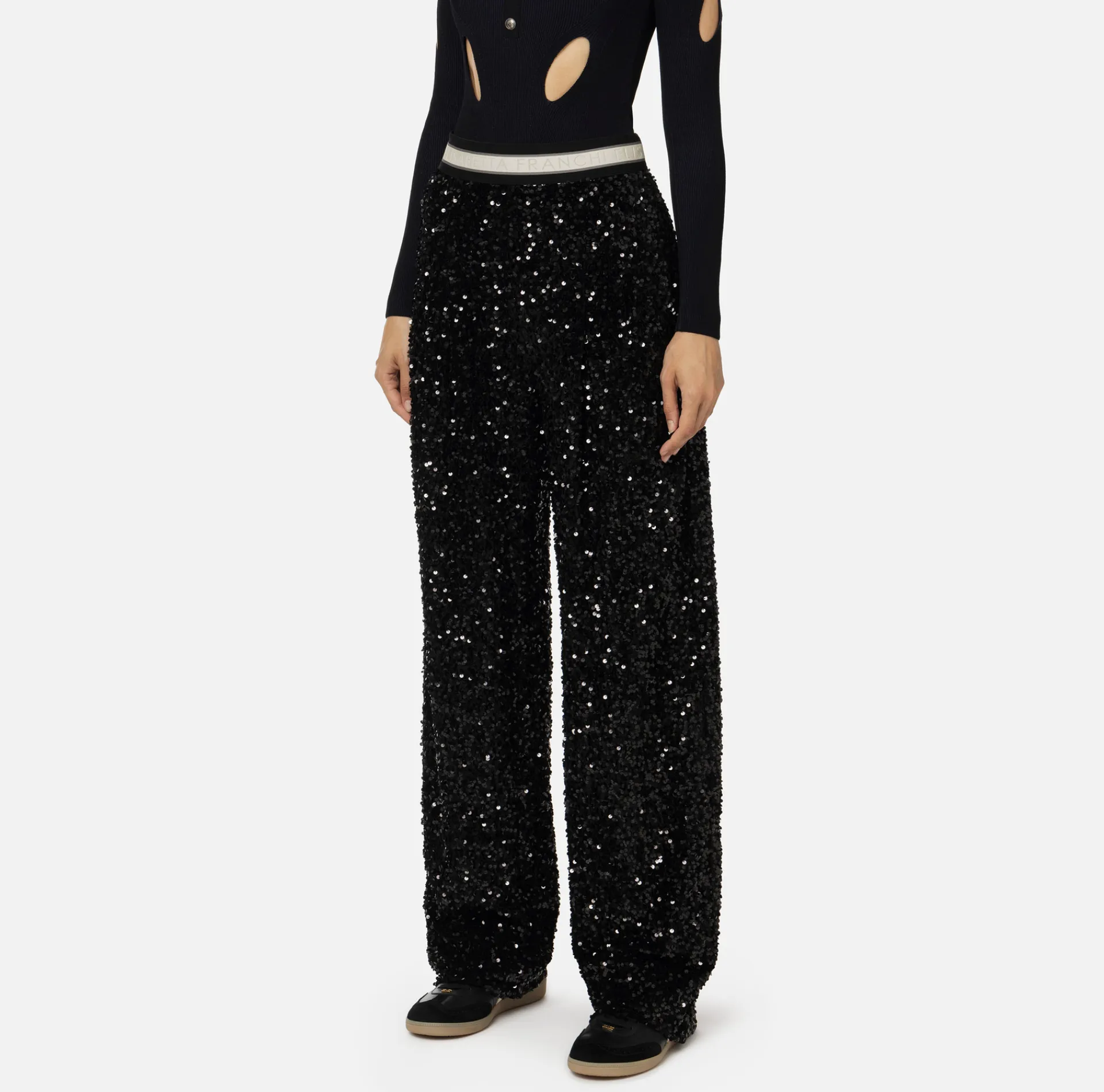 Elisabetta Franchi Trousers And Shorts|Tailleur|Sequin-embroidered chenille trousers Black