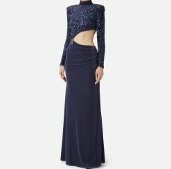 Elisabetta Franchi Red Carpet Dresses|Red Carpet|Sequin-embroidered chenille red carpet dress with cut-out Navy