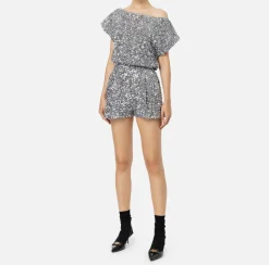 Elisabetta Franchi Jumpsuits|Sequin-embroidered chenille romper Steel