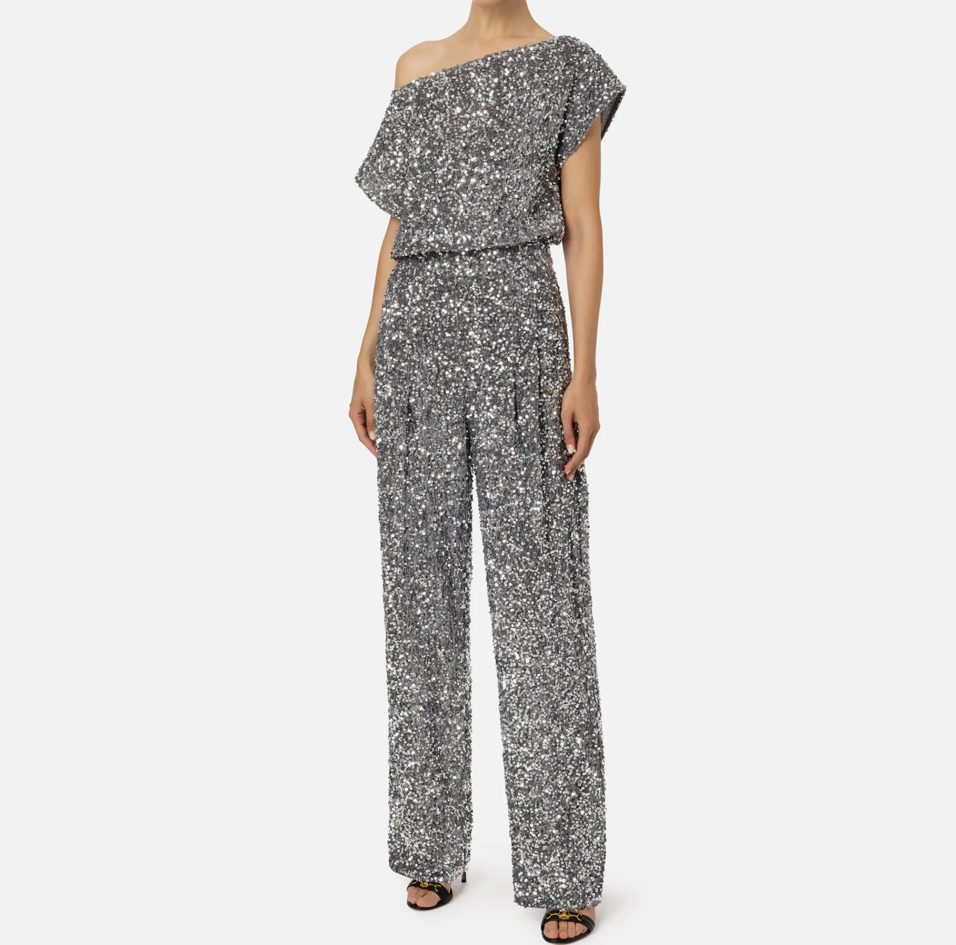 Elisabetta Franchi Jumpsuits|Sequin-embroidered chenille jumpsuit Steel
