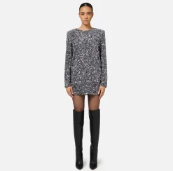 Elisabetta Franchi Red Carpet Dresses|Mini Dresses|Sequin-embroidered chenille boxy mini-dress Steel