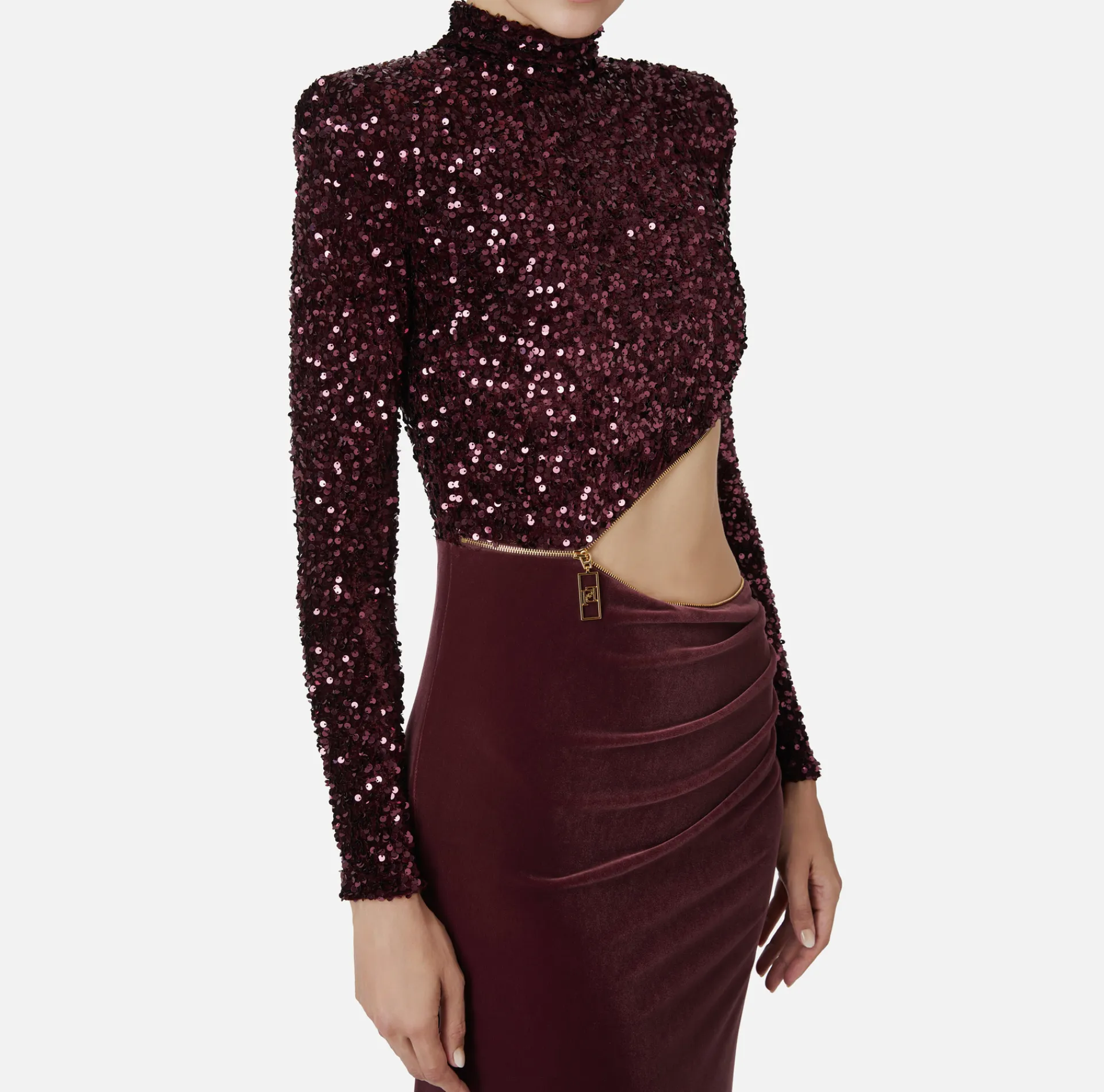 Elisabetta Franchi Red Carpet Dresses|Red Carpet|Sequin-embroidered chenille red carpet dress with cut-out RougeNoir