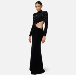 Elisabetta Franchi Red Carpet Dresses|Red Carpet|Sequin-embroidered chenille red carpet dress with cut-out Black