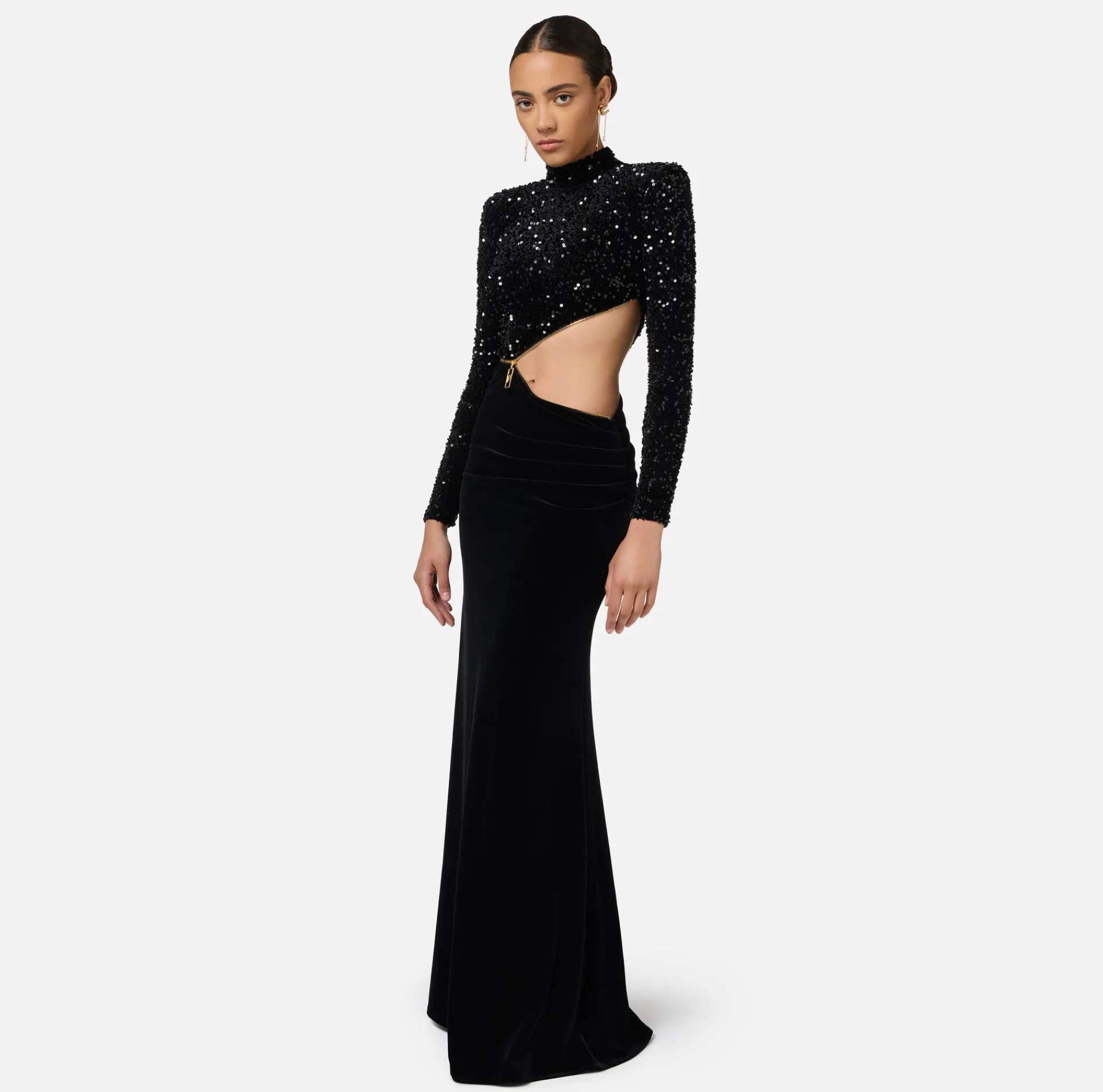 Elisabetta Franchi Red Carpet Dresses|Red Carpet|Sequin-embroidered chenille red carpet dress with cut-out Black