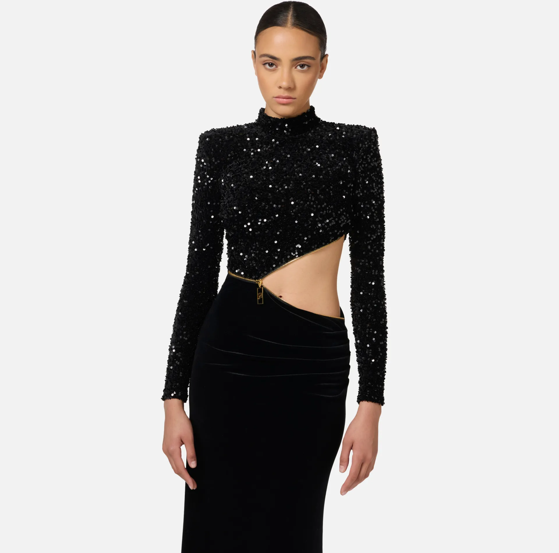 Elisabetta Franchi Red Carpet Dresses|Red Carpet|Sequin-embroidered chenille red carpet dress with cut-out Black