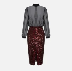 Elisabetta Franchi Dresses|Midi Dresses|Sequin-embroidered georgette silk midi dress Black/RougeNoir