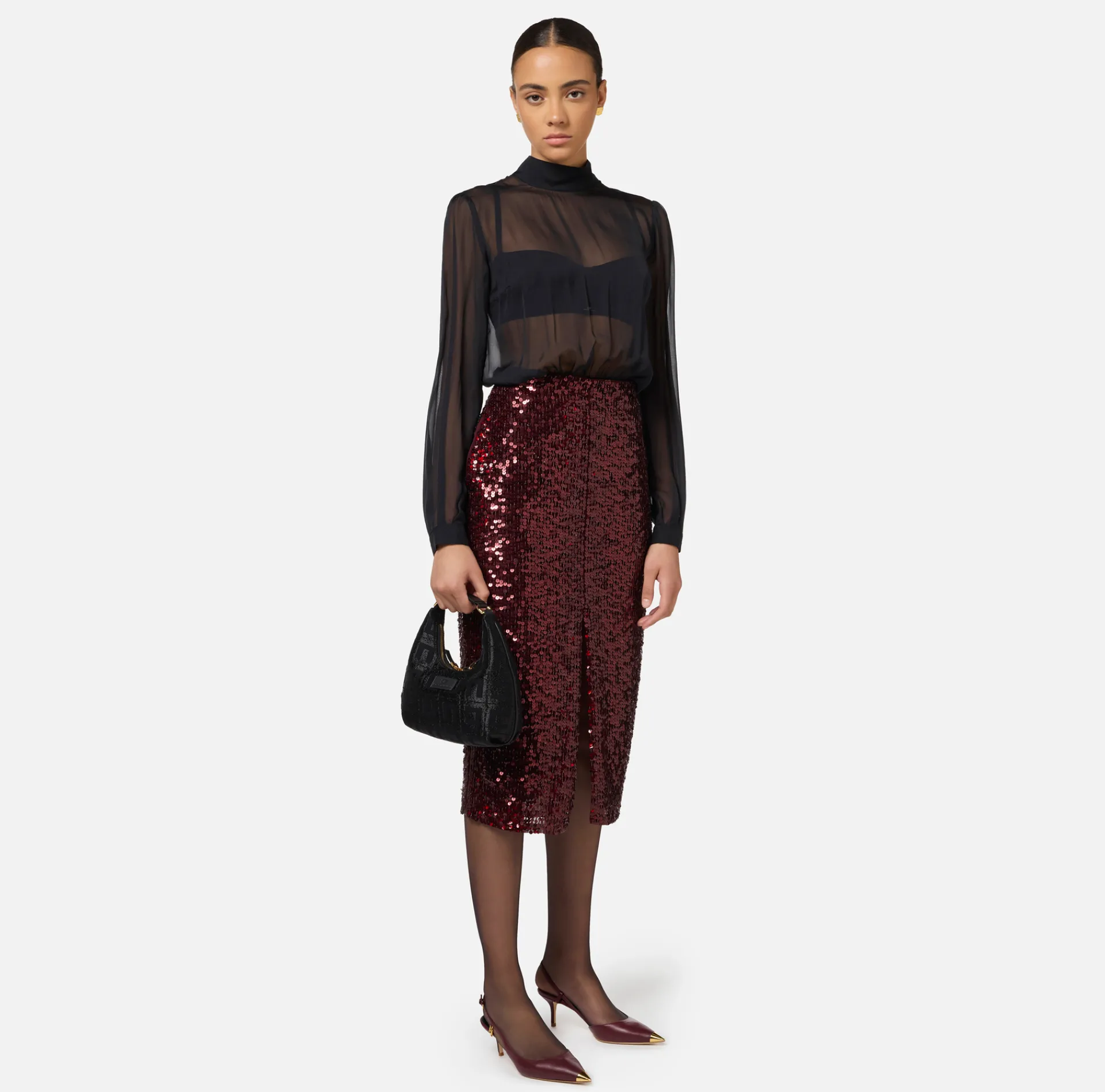 Elisabetta Franchi Dresses|Midi Dresses|Sequin-embroidered georgette silk midi dress Black/RougeNoir