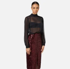Elisabetta Franchi Dresses|Midi Dresses|Sequin-embroidered georgette silk midi dress Black/RougeNoir