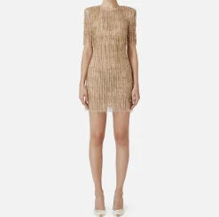 Elisabetta Franchi Red Carpet Dresses|Mini Dresses|Sequin-embroidered tulle boxy mini-dress Gold