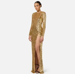 Elisabetta Franchi Red Carpet Dresses|Red Carpet|Sequin-embroidered tulle red carpet dress with cut-out Gold