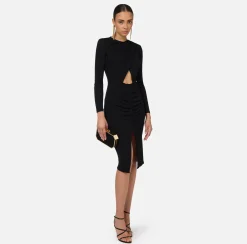 Elisabetta Franchi Midi Dresses|Dresses|Shiny jersey midi dress with draping Black